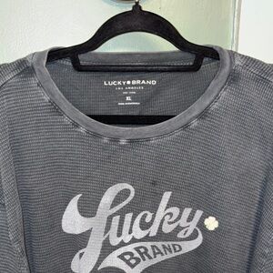 Lucky Brand Long Sleeve Tee Mens XL Charcoal Distressed Waffle Knit Logo Shirt